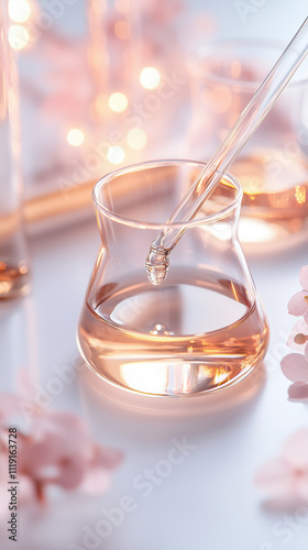 Clear glass beaker with liquid and dropper, surrounded by soft pink flowers