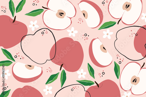 Wallpaper Mural Stylish seamless pattern with ripe apple line art.  Seamless decorative background with red apples. Bright summer design Torontodigital.ca
