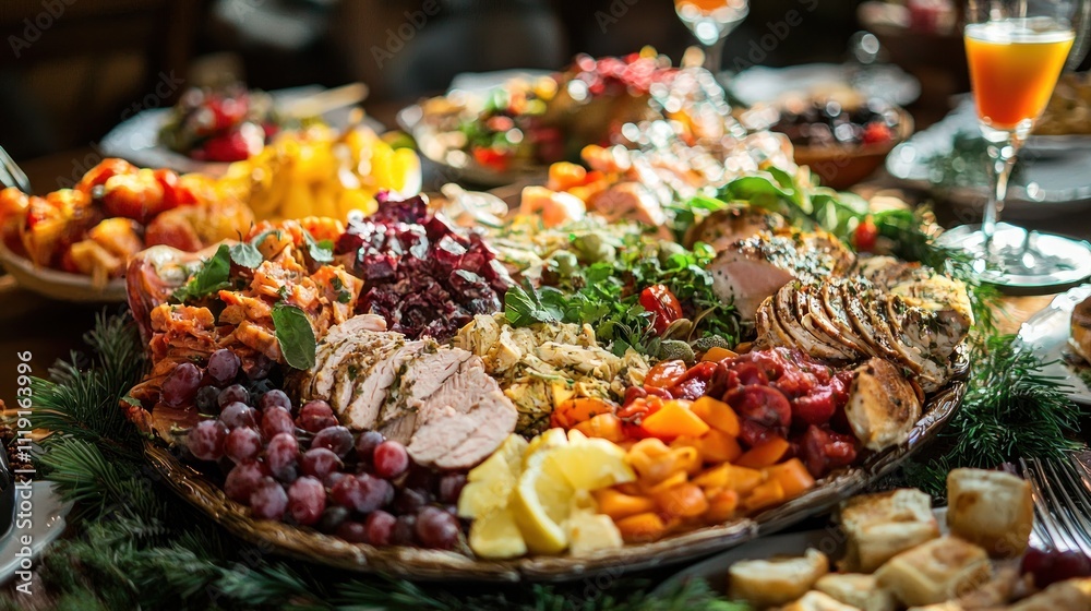 A giant plate of colorful and extravagant food spread out on a table at a festive gathering. A giant plate of colorful and extravagant food spread out on a table at a festive gathering.