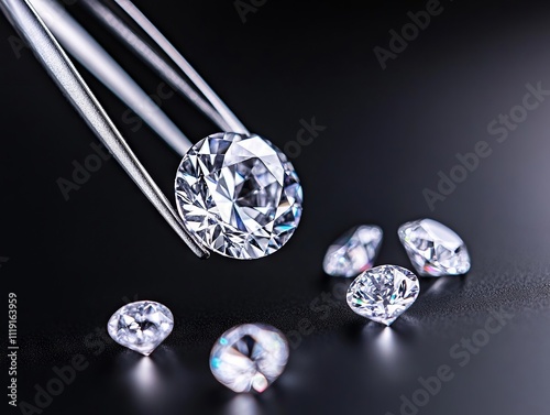 A pair of tweezers holding a diamond on a black surface photo