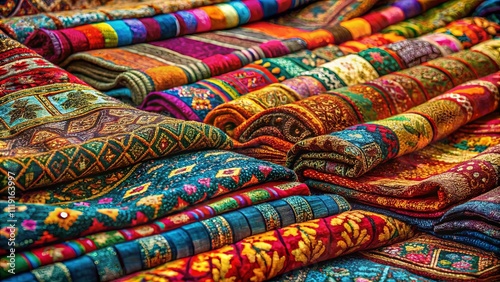 A vibrant tapestry of intricately woven fabrics, each a unique blend of color and pattern, showcasing the art of textile craftsmanship.
