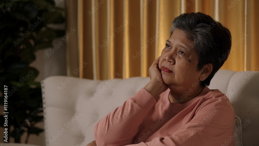 Asian Senior Woman Deep in Thought While sitting in living room Asian Senior Woman Deep in Thought While sitting in living room