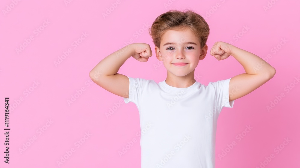 A cheerful child flexing muscles against a pink background. A cheerful child flexing muscles against a pink background.