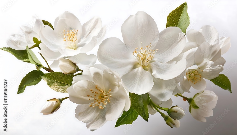 cluster of white flowers with green leaves on a gradient background, highlighting their beauty.