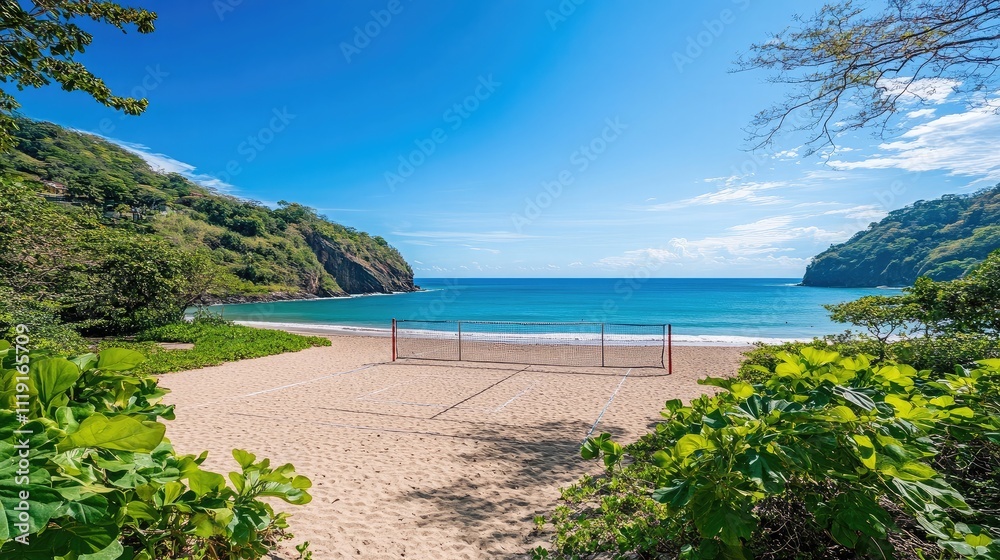 Serene Tropical Beach Scene with Volleyball Net, Clear Blue Waters, Lush Greenery, and Idyllic Landscape Basking in Bright Sunshine with Enchanting Coastal Views Serene Tropical Beach Scene with Volleyball Net, Clear Blue Waters, Lush Greenery, and Idyllic Landscape Basking in Bright Sunshine with Enchanting Coastal Views