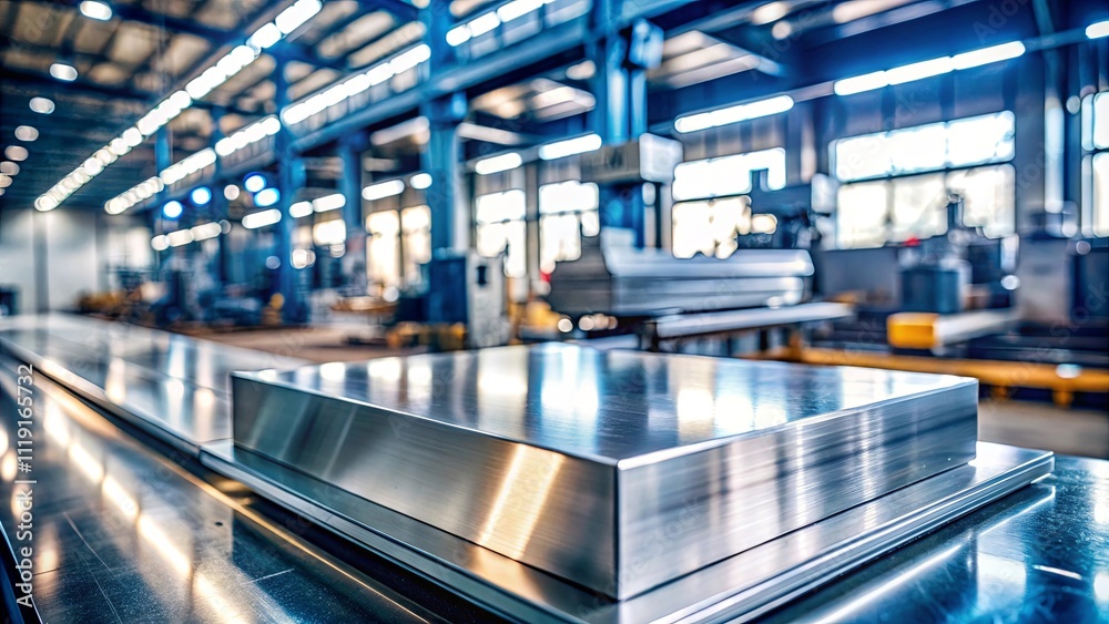 A reflective metallic surface with a blurred background of a factory setting, revealing a glimpse into the industrial process A reflective metallic surface with a blurred background of a factory setting, revealing a glimpse into the industrial process