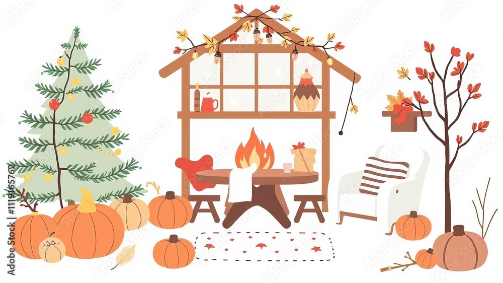 Fototapeta premium Illustration of cozy autumn and winter elements with hygge quotes in Scandinavian style on white background, vector, illustration