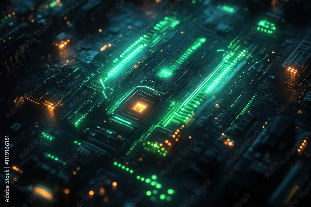 Obraz premium Close-up of circuit board with glowing green lights.