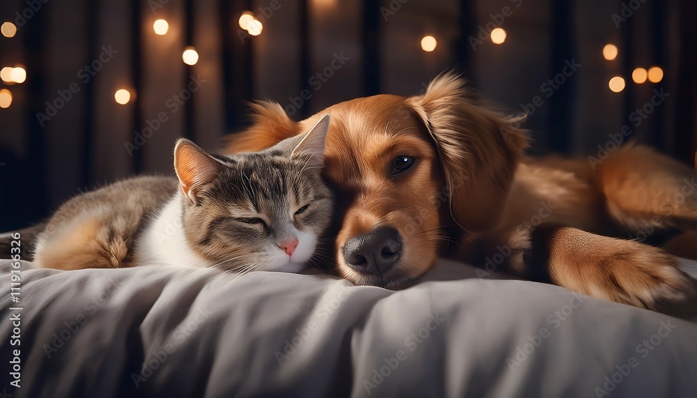 Dog and cat cuddle on a cozy dimly lit bed.