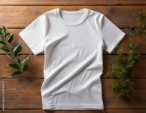 Casual white t-shirt on a rustic wooden background, perfect for creating a relaxed and comfortable atmosphere