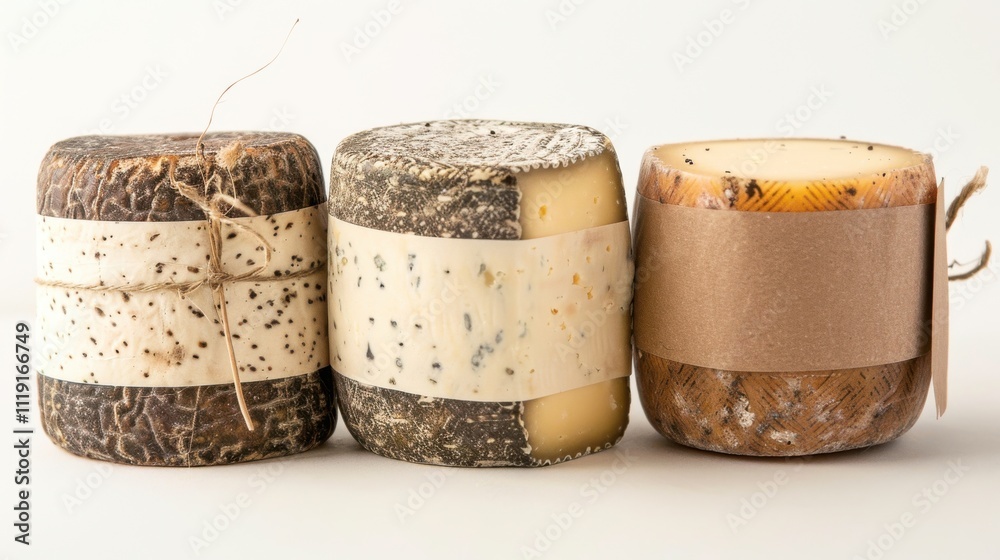 Clear packaging for artisan cheeses, showcasing the product's texture and color, with a stylish paper band wrapped around for branding and freshness