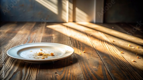 A solitary empty plate with crumbs on a rustic wooden surface bathed in warm sunlight, a silent testament to a meal enjoyed photo