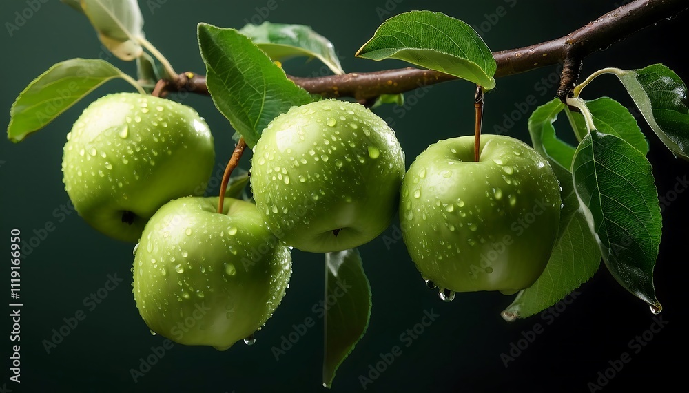 green apples hang from a branch with green leaves, against a plain background, showing water droplets. green apples hang from a branch with green leaves, against a plain background, showing water droplets.