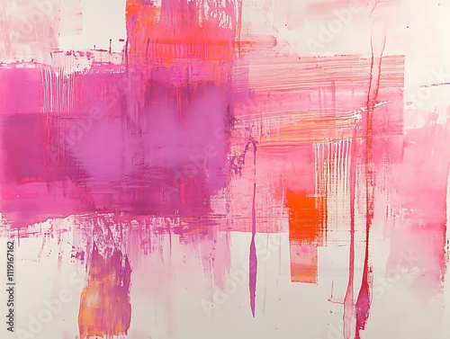 Abstract pink and orange paint strokes on white canvas. photo