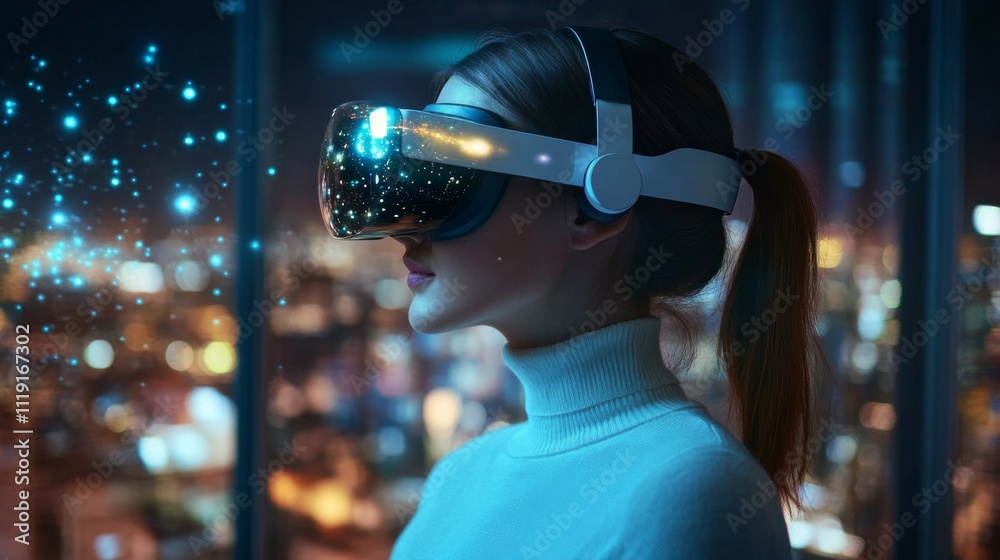 Young woman in VR headset by city window at night, wearing white turtleneck sweater in futuristic, immersive scene Young woman in VR headset by city window at night, wearing white turtleneck sweater in futuristic, immersive scene