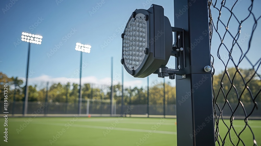 Obraz premium Close-Up View of LED Sports Light Fixture on Metal Post at a Modern Outdoor Athletic Field with Clear Blue Sky and Soft Focus Background Lights