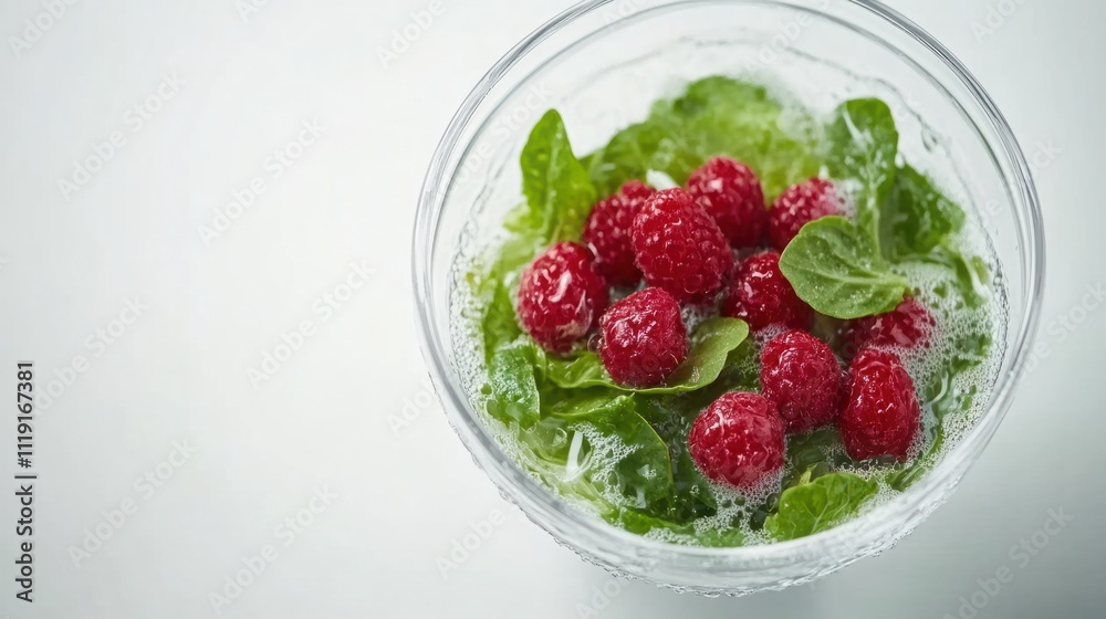 Fresh and Vibrant Salad with Raspberries and Spinach in a Clear Bowl with Bubbles on a Light Background Capturing Healthy Eating and Natural Ingredients Fresh and Vibrant Salad with Raspberries and Spinach in a Clear Bowl with Bubbles on a Light Background Capturing Healthy Eating and Natural Ingredients