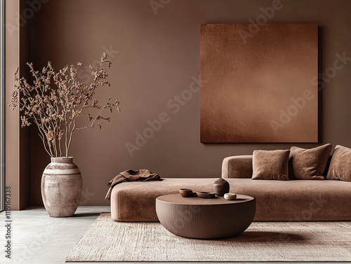 Modern living room with sofa in trend color of the year 2025 - mocha mousse. Cozy warm palette color lounge and furniture. AI photo