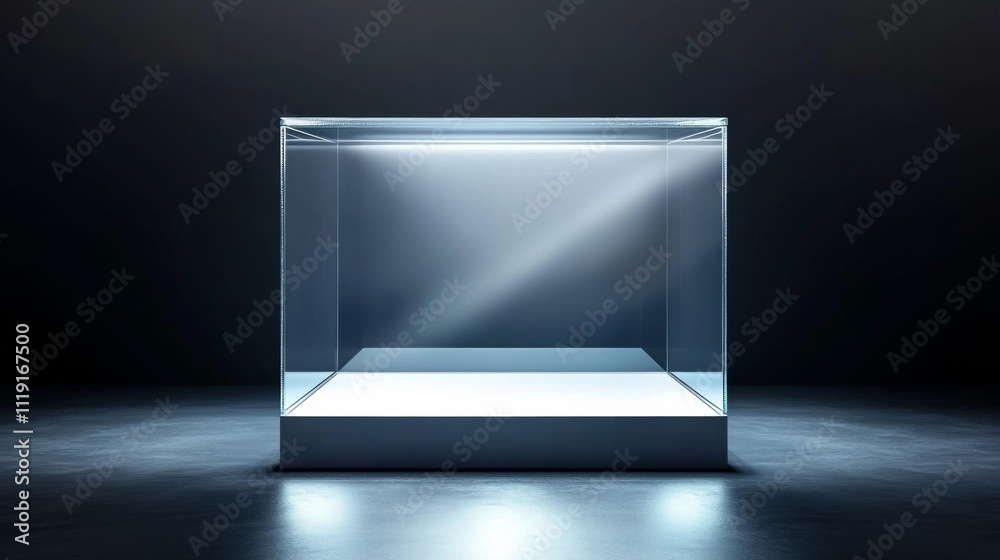 Modern Glass Display Case on Dark Grey Background with Minimalistic Aesthetic and Soft Glow Modern Glass Display Case on Dark Grey Background with Minimalistic Aesthetic and Soft Glow