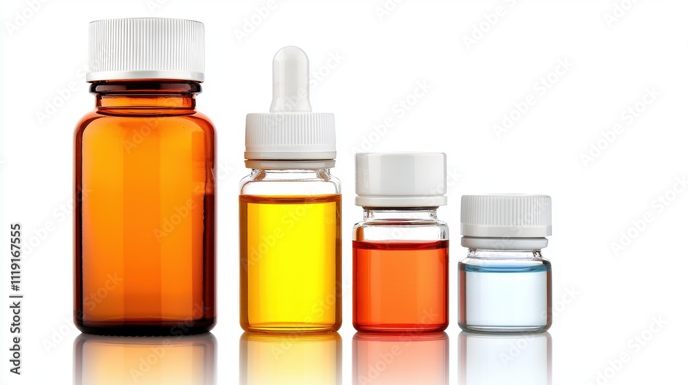 Bottles of Essential Oils and Liquids on White Background Bottles of Essential Oils and Liquids on White Background