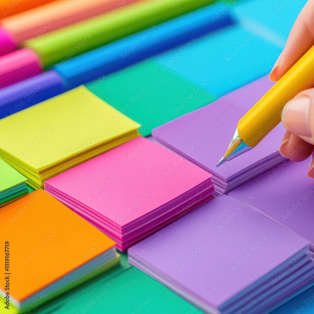 Colorful Sticky Notes and Highlighter Pen on a Workspace Surface for Office Organization and Creative Planning Colorful Sticky Notes and Highlighter Pen on a Workspace Surface for Office Organization and Creative Planning