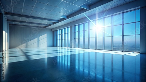 Wallpaper Mural Sunlight Streaming Through Expansive Windows Illuminates a Spacious Interior with a Polished Concrete Floor, Offering a View of the City Below Torontodigital.ca