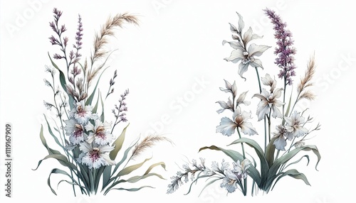 Prairie White Fringed Orchid , Platanthera leucophaea flower in watercolor illustration with loose and fluid forms, corner border decoration, photo