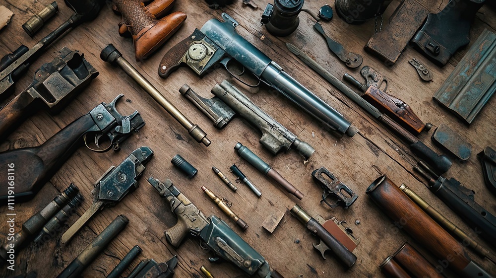 Disassembled Antique Firearms and Ammunition Displayed Disassembled Antique Firearms and Ammunition Displayed