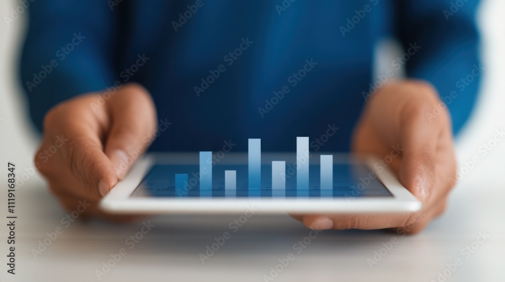 Person Holding Tablet with Digital Graph Display, Analysing Business Data Trends and Financial Performance in Modern Workspace Environment Person Holding Tablet with Digital Graph Display, Analysing Business Data Trends and Financial Performance in Modern Workspace Environment