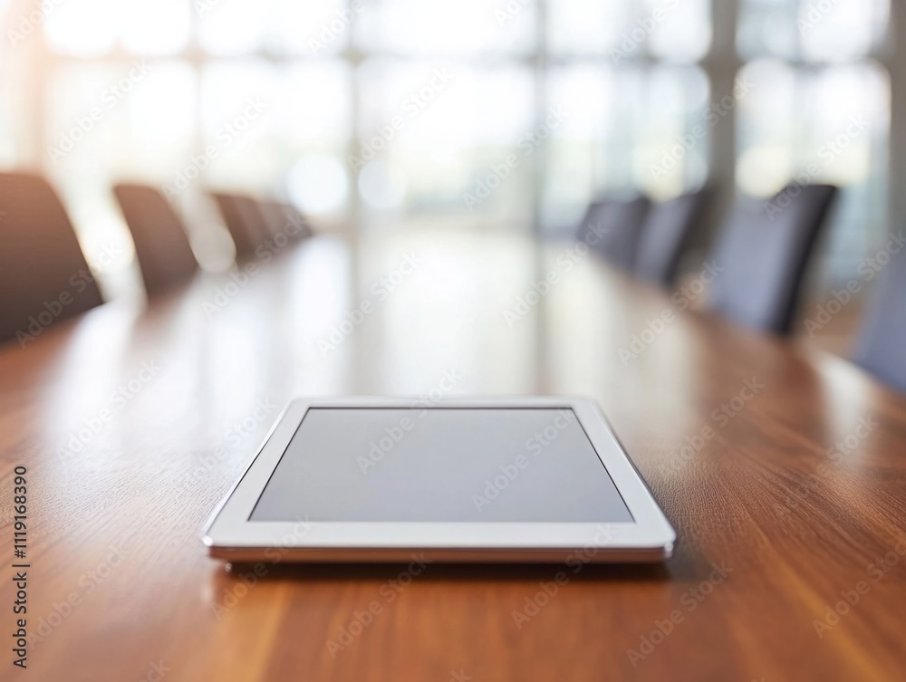 Modern Tablet on Conference Table in Bright Meeting Room with Soft Natural Light Creating a Professional and Inviting Atmosphere for Business Discussions Modern Tablet on Conference Table in Bright Meeting Room with Soft Natural Light Creating a Professional and Inviting Atmosphere for Business Discussions