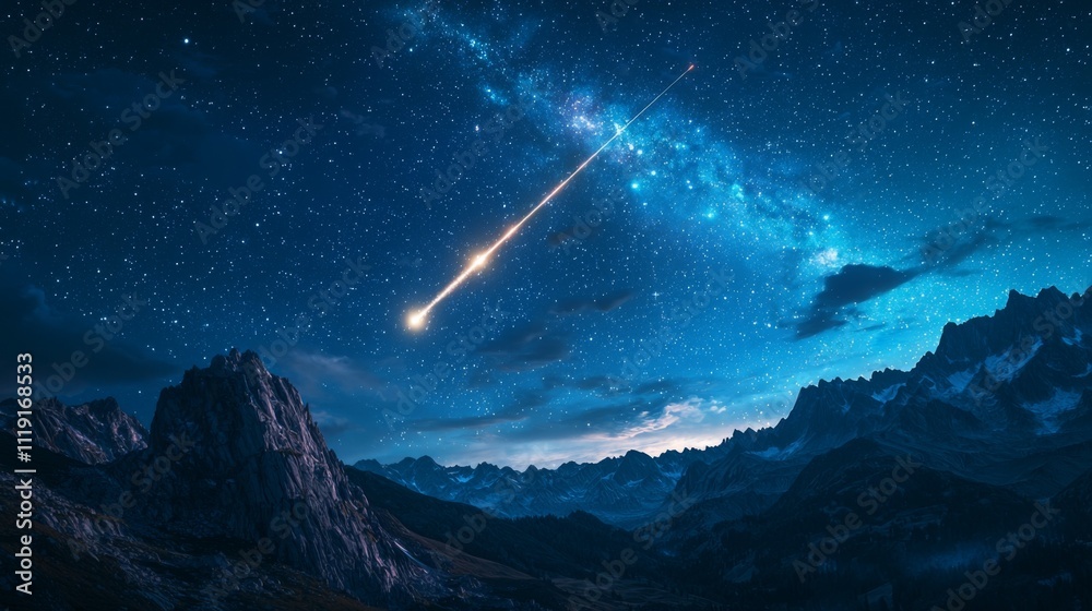 Naklejka premium Majestic Meteor Shower over Mountain Range at Night