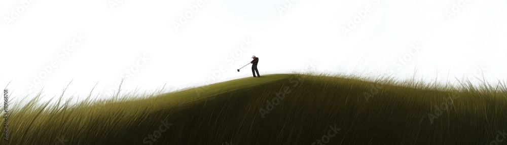 A lone figure stands on a grassy hill, holding a tool against a bright, expansive sky. A lone figure stands on a grassy hill, holding a tool against a bright, expansive sky.