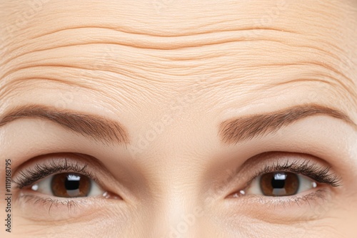 Close up Revealing Mature Woman s Expressive Forehead and Facial Texture photo