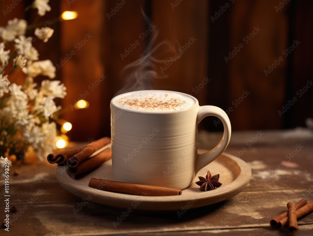Savoring creamy chai latte in handcrafted ceramic mug rustic wooden surface warm soft lighting cozy environment aesthetic concept
