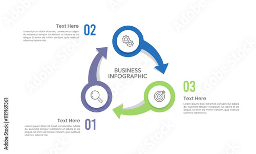 Circle with arrow Infographic 3 Processes to Business Success. Presentation, Plan, Strategy and Cycle. Vector illustration.