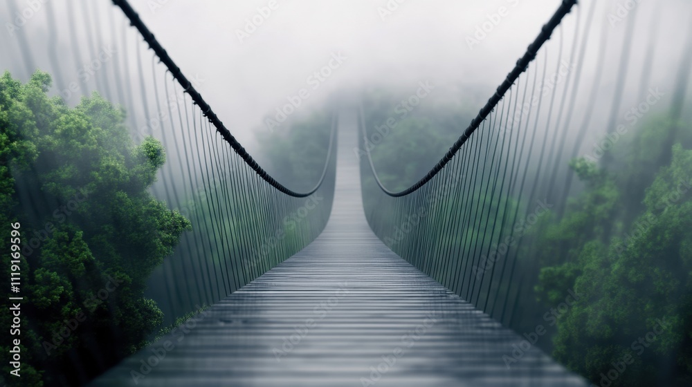 Fototapeta premium A misty suspension bridge stretches into the fog, flanked by lush greenery, creating a mysterious and serene atmosphere.