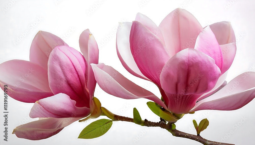 pink magnolia flowers in full bloom on a branch with green leaves, delicate petals, white background. pink magnolia flowers in full bloom on a branch with green leaves, delicate petals, white background.