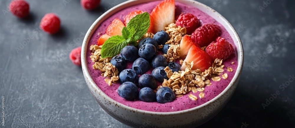 A bowl of smoothie topped with granola, blueberries, strawberries, raspberries, and mint leaves. A bowl of smoothie topped with granola, blueberries, strawberries, raspberries, and mint leaves.