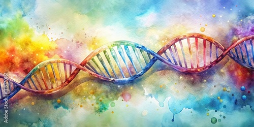 A vibrant abstract illustration of a double helix DNA strand against a watercolor background, showcasing the intricate beauty of life's blueprint.
