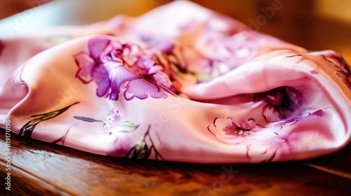 Wallpaper Mural Delicate Pink Satin Fabric with Floral Pattern Draped Elegantly on a Wooden Surface, Capturing the Softness and Beauty of Textiles in Natural Light Torontodigital.ca