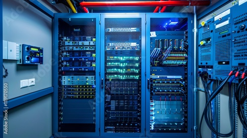 Compact server room showcasing wall-mounted racks, efficient cable management, and high-speed networking equipment in a small yet powerful setup