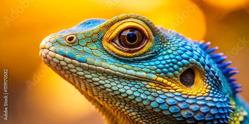 A Detailed Look at the Eye of a Vibrant Blue and Yellow Reptile with a Patterned Skin