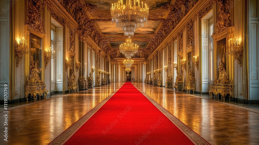 Grand Interior of an Opulent Historical Palace with Lavish Chandeliers and Red Carpet Leading to Elegant Doors in an Exquisite Architectural Setting Grand Interior of an Opulent Historical Palace with Lavish Chandeliers and Red Carpet Leading to Elegant Doors in an Exquisite Architectural Setting