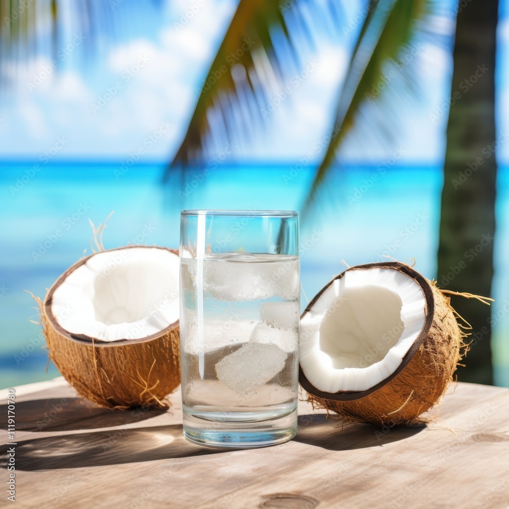 Refreshing coconut water enjoyed on tropical beach with clear glass bright midday fresh halves in serene environment Refreshing coconut water enjoyed on tropical beach with clear glass bright midday fresh halves in serene environment