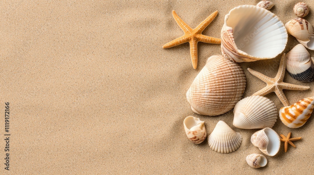 Seashells Starfish on Sandy Beach Summer Vacation Background Seashells Starfish on Sandy Beach Summer Vacation Background