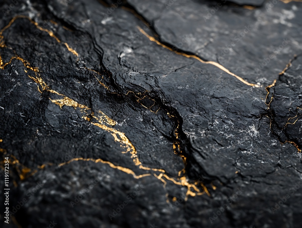 Close-up of dark stone with gold veins. Close-up of dark stone with gold veins.