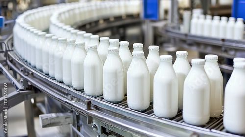 Milk Bottles Moving on Conveyor Belt in Factory, Dairy, Food Production
