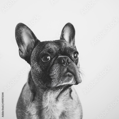 a black and white photograph of a French Bulldog