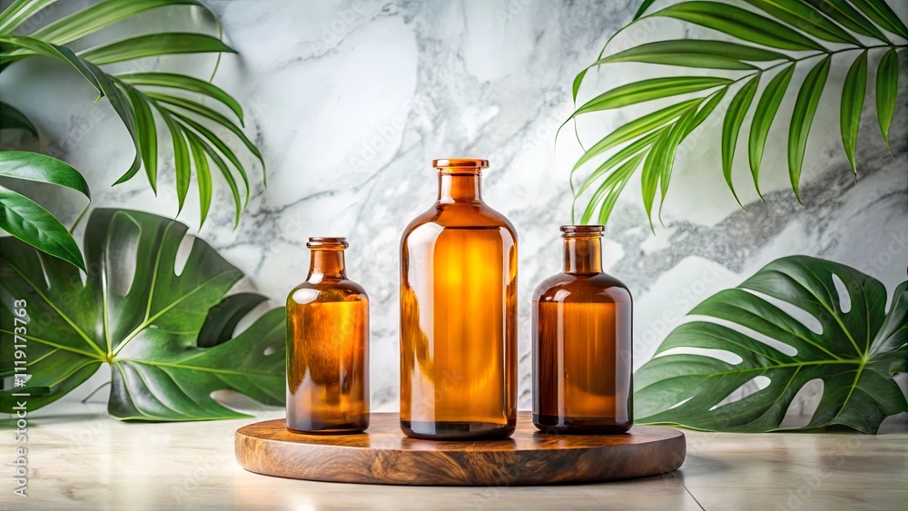 Amber Glass Bottles on a Wooden Platter with Lush Greenery Amber Glass Bottles on a Wooden Platter with Lush Greenery