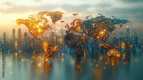 Illuminated world map floating over cityscape reflections, symbolizing global urban development and environmental sustainability initiatives #1119173711